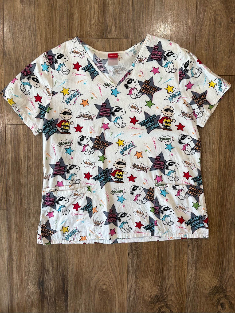 Peanuts White Multicolor Snoopy & Charlie Brown Short Sleeve Scrub Top
